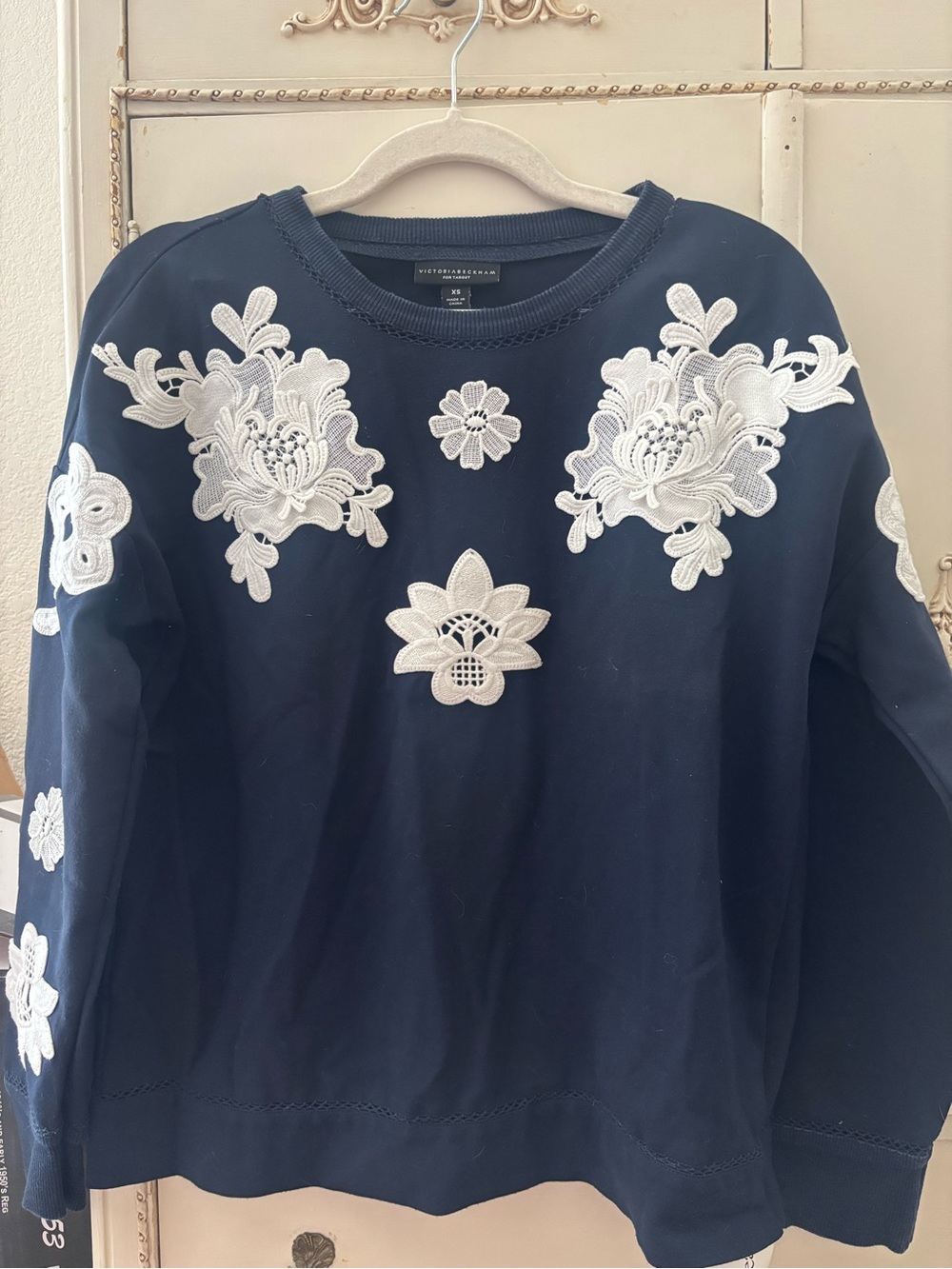 Victoria Beckham for Target Navy Sweatshirt with White Lace Floral Appliqués